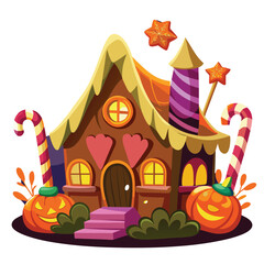 Obraz premium Whimsical twisted gingerbread house with eerie glowing candy decorations for halloween or fantasy themes