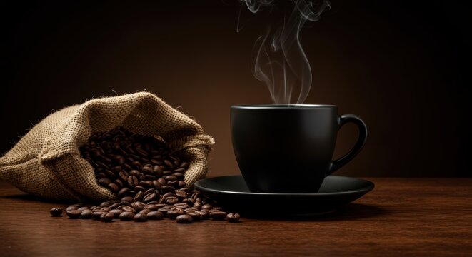 Aromatic coffee cup with steam alongside burlap sack filled with roasted beans on rustic wooden surface offers warm inviting ambience