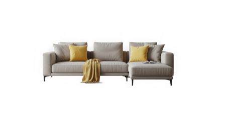 Modern sectional sofa with accent pillows and throw blanket in a contemporary living room setting transparent background