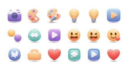 Cute cartoon vector buttons and emoji set. Bubble-like shapes and unique expressions, fresh original icons for British app interfaces and product identity