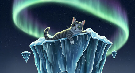 A cute illustration of a cat resting on a floating iceberg under the aurora borealis