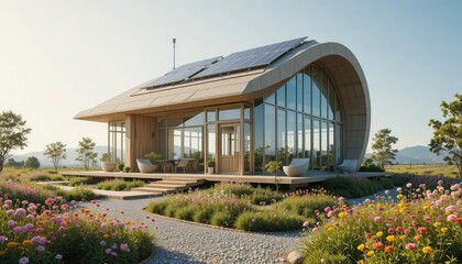 Modern eco-friendly home with solar panels and curved design, surrounded by a blooming garden and natural landscape.