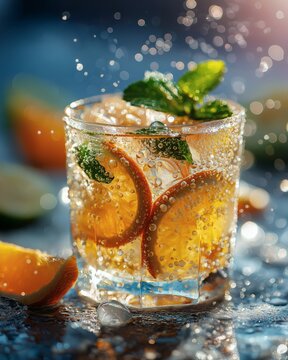 Refreshing citrus cocktail with bubbles, fruit, and ice on a wet surface