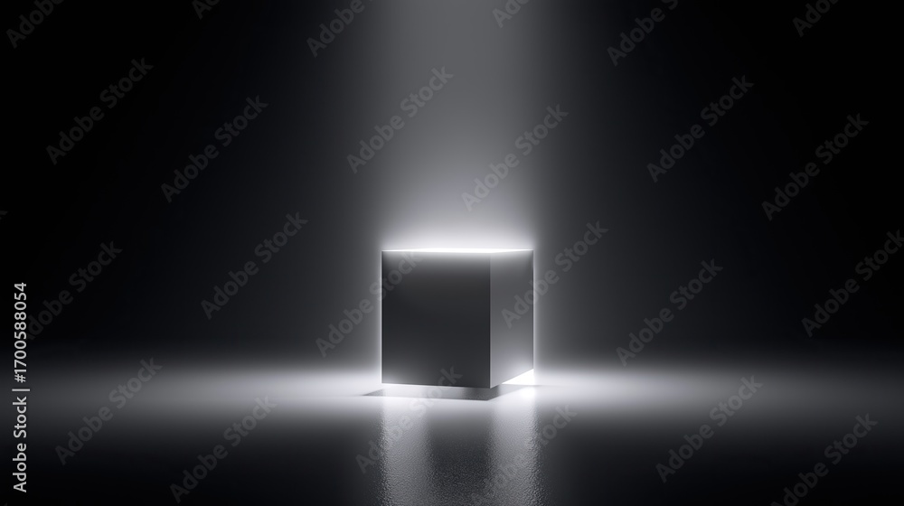 Poster one glowing cube in empty black space, surreal minimalism.