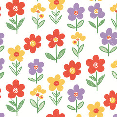 Cheerful floral pattern with red, yellow and purple flowers on white background, seamless pattern, Stock royalty free image.