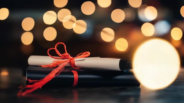 Rolled certificates with ribbons on a table with bokeh lights - Powered by Adobe