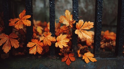 Fallen maple leaves sit on a wet stone ledge and a black metal fence during a rainfall on a gloomy autumn day