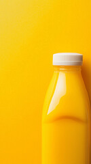 Minimalist shot of a plastic bottle filled with bright orange juice against a solid yellow background, with copy space on the left.
