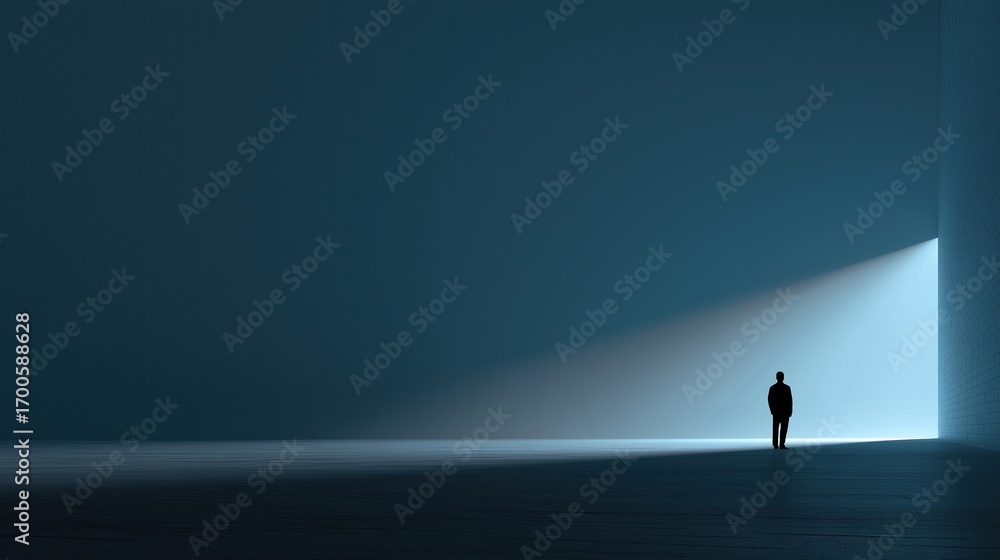 Poster silhouette of a man in a suit, standing alone in a wide empty space, clean lines.