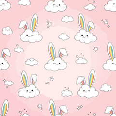 Charming pattern featuring cute cloud bunnies with rainbow ears on pastel pink background, seamless pattern, Stock royalty free image.