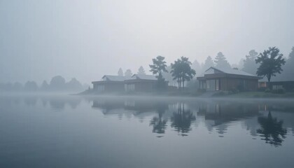 A serene lakeside scene featuring houses shrouded in early morning mist, with reflections.