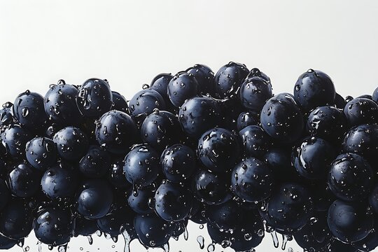 Black grapes with smooth surfaces and dewy texture, grouped together tightly and placed against a clean white backdrop --