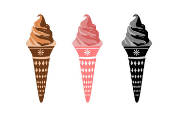 Ice cream vector set. Three chocolate and soft pink ice cream in a waffle cone. Melted ice cream