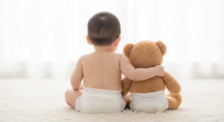 Baby in diaper hugging teddy bear, both seated on fluffy rug, viewed from behind, symbolizing innocence, friendship, and childhood comfort