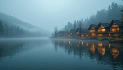 Fototapeta premium Misty lake at dawn, reflecting a row of cozy cabins nestled in a forested mountain valley.