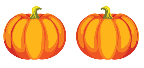 Two stylized pumpkins are depicted with vibrant orange hues and green stems