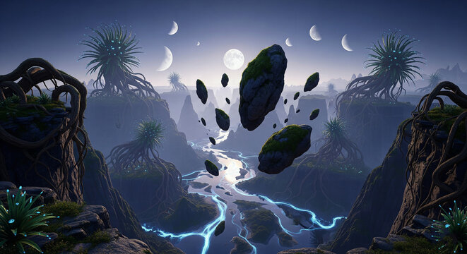 A surreal pixel art landscape of an alien planet with floating rocks and a glowing river at night