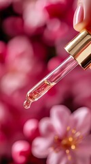 Skincare dropper with pink floral background photography