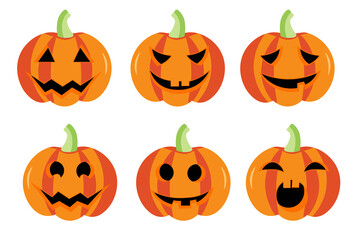 Flat collection of hand drawn contrast scary pumpkins. Spooky design for Halloween isolated on white background. Cute jack o lantern with different face expressions
