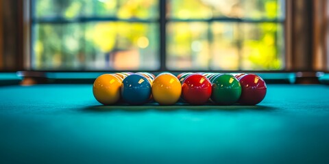Six billiard balls aligned on green table