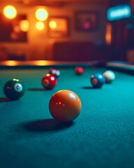 Billiard balls scattered on green playing surface