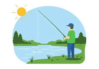 A person fishes in a pond under the sun surrounded by trees and grass