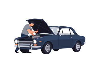 A mechanic repairs a blue car with the hood open using a red tool