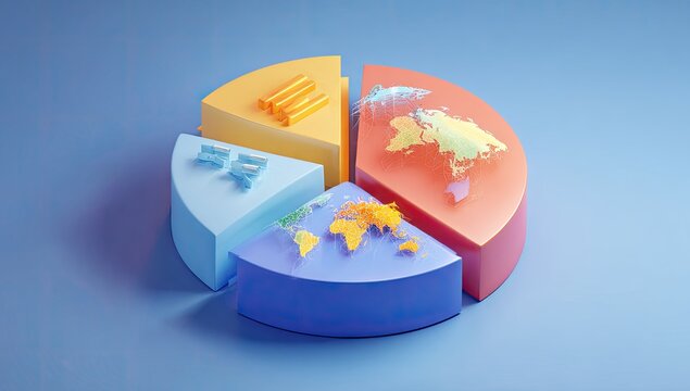 Colorful pie chart, stylized world maps