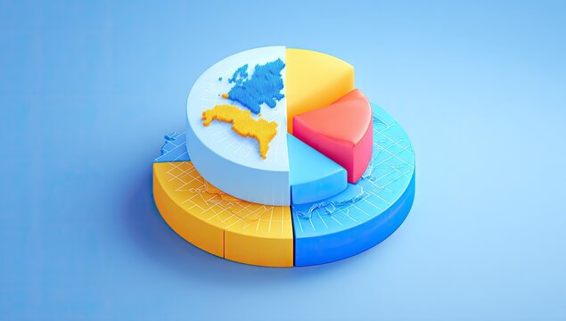 3D pie chart with world map slices, bright colors