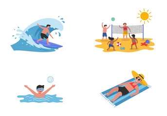 Beach scenes show people surfing playing volleyball swimming sunbathing