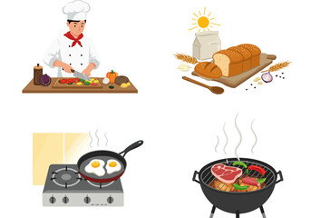 Collage displays cooking chef chopping vegetables breadflour eggs frying  grilling meatvegetables