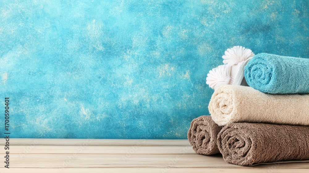 Poster fresh, soft towels in beige and light brown are neatly stacked on a table, offering a clean and mini