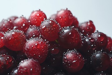 Close-up of plump red grapes covered in fine dew drops, arranged tightly together, glistening under soft light on white background 