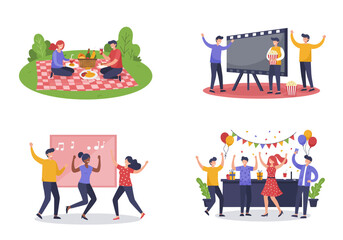 Four illustrations depict people enjoying leisure picnic movie music  party