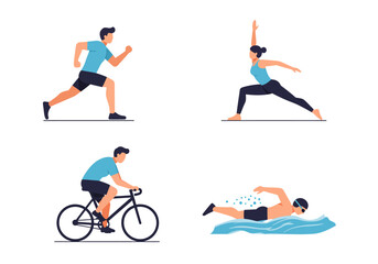 Four illustrations depict people running stretching cycling and swimming on a white background
