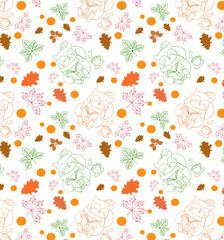 Pattern autunnale con gufo, tazza, libro, foglie