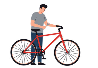 Man in grey tshirt fixes a red bicycle with a wrench on a white background
