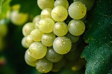 Fresh grapes still on the vine with dewy skin, closely packed and visually crisp on a plain white backdrop 