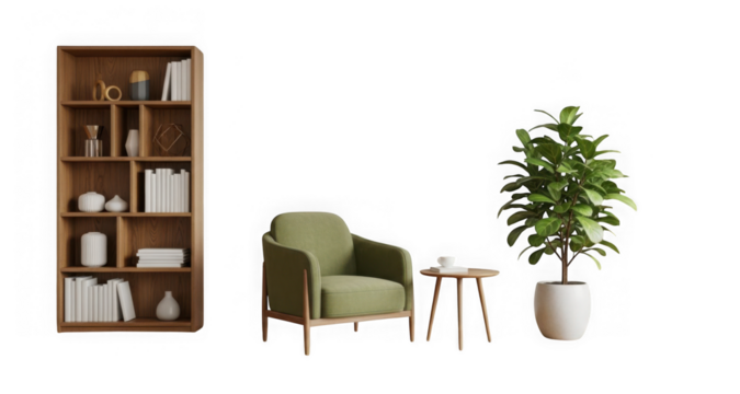 Cozy living room corner with armchair bookshelf and potted plant offers comfort and style transparent background