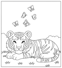 Tiger vector illustration of a happy cub resting on grass with butterflies flying above drawn in bold smooth cartoon outlines for creative wildlife and nature themed projects