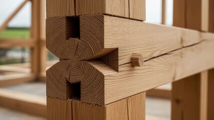 Detailed perspective of a mortise and tenon joint system in heavy timber construction showing wood fibers and joint fit precision.