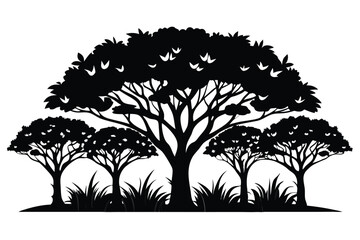 Silhouette of Trees with Bushy Crowns and Tall Grass in Black and White
