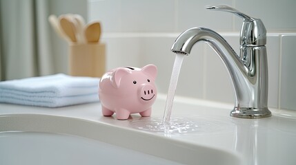 Water cascades from a kitchen faucet into a charming pink piggy bank, emphasizing the importance of saving money in a stylish, contemporary environment