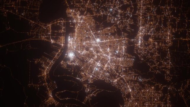 Baton Rouge (Louisiana, USA) aerial view at night. Top view on modern city with street lights. Camera is zooming out, rotating clockwise