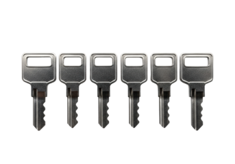 Six identical dark matte grey industrial security keys, carbon steel with robust cut teeth, aligned on a transparent background with copy space, concept of secure access and robust control