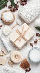 Eco-friendly cleaning and personal care items are thoughtfully arranged on a linen background, showcasing sustainable living choices in an attractive layout