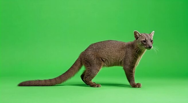 A curious Fossa stands alert against a vibrant green background, showcasing its unique feline-like features.