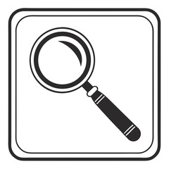 Simple black and white magnifying glass icon in a square frame