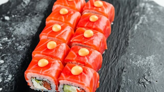 Sushi rolls arranged on a dark surface