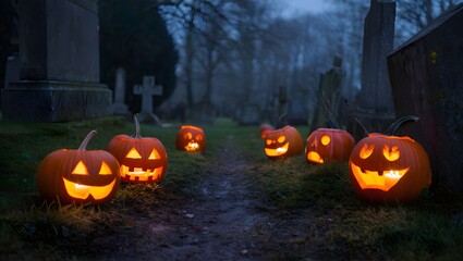 Naklejka premium Spooky Halloween Jack-o'-lanterns illuminate a dimly lit graveyard path at dusk.